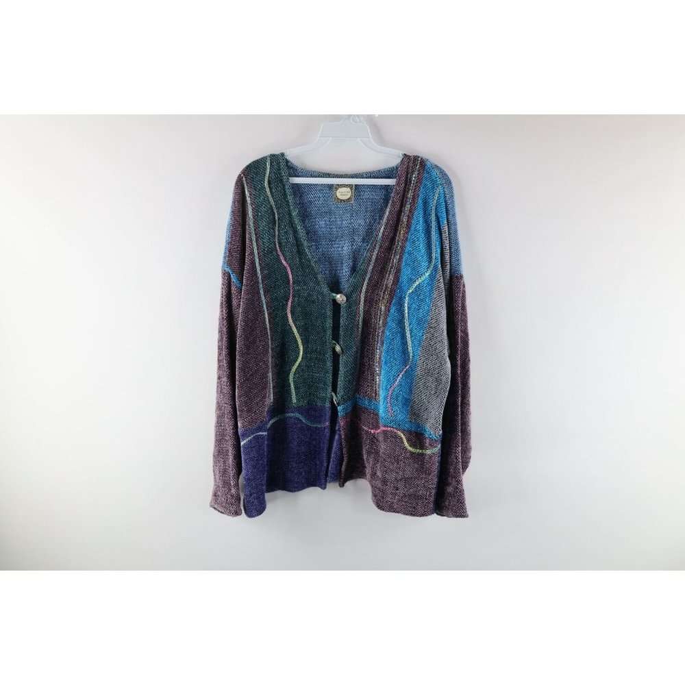 Vintage Fiber Art Womens Medium Hand Knit Rainbow Striped Chenille Jacket Blazer